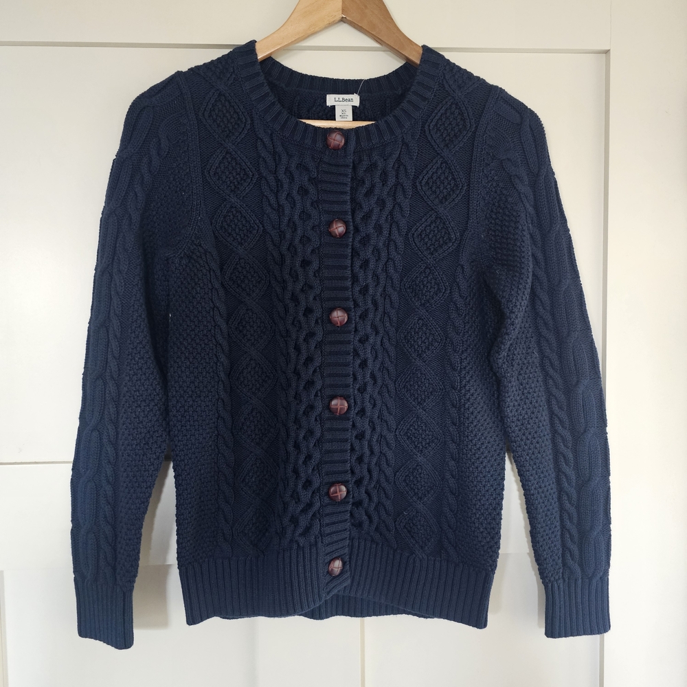 L.L. Bean Navy Blue Cable-Knit Button Front Cardigan - Picture 2 of 9